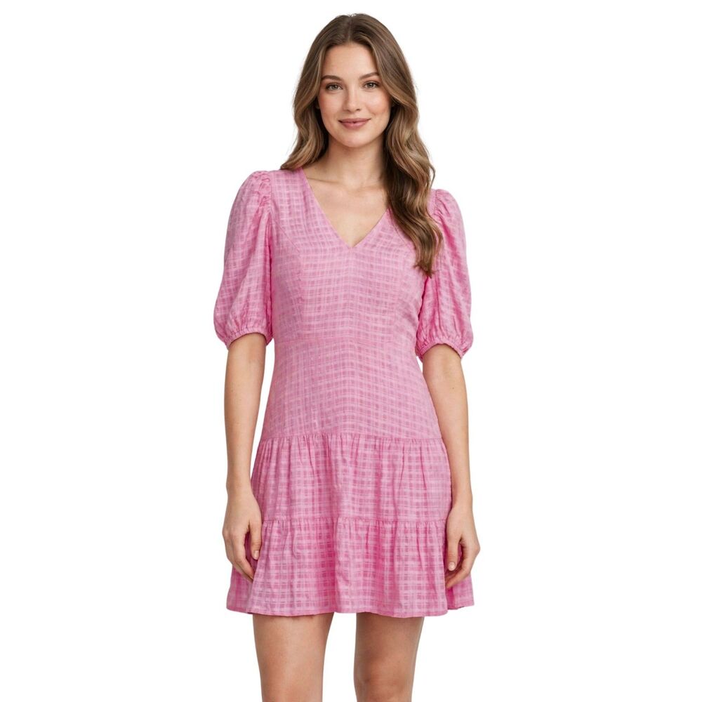 💕 French Connection NWT Pink Seersucker Mini Dress Puff Sleeve Tiered Ruffle 12